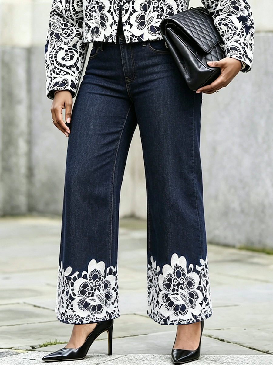 Chic Lace-print Jeans
