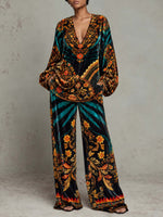 Bohemian Velvet Floral Print Matching Top & Wide-Leg Pants Set