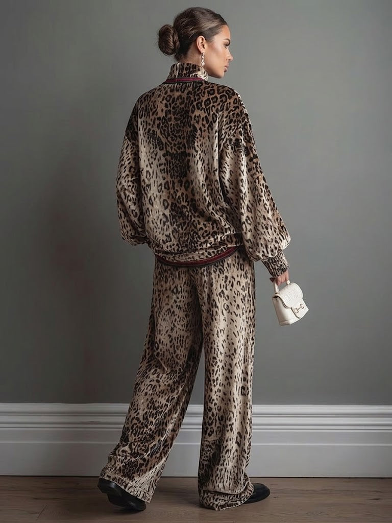 Loose And Comfortable Leopard-print Velvet Two-piece Set (top And Wide-leg Pants)