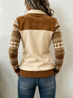 Western-style Faux Suede Panelled Geometric Print Half-zip Sweatshirt