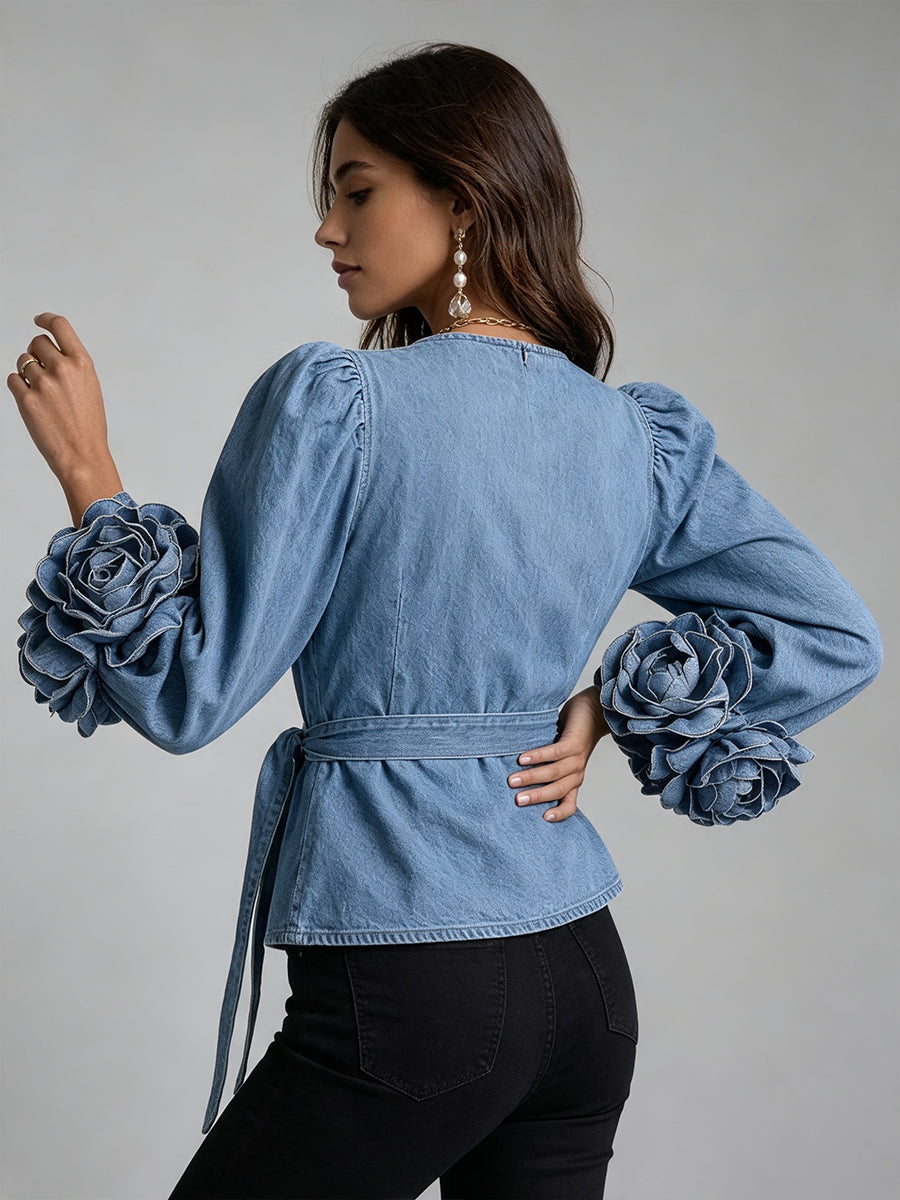 Stylish Denim Wrap Shirt With 3d Floral Sleeves And Crossover Front