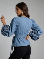 Stylish Denim Wrap Shirt With 3d Floral Sleeves And Crossover Front
