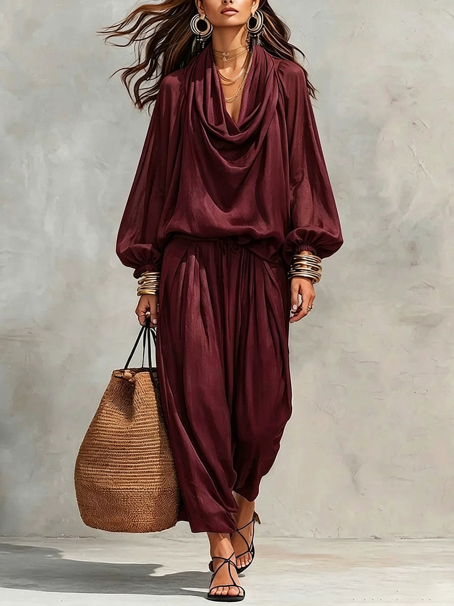Relaxed-fit Cotton-blend Two-piece Set With A Draped Collar Top And Trousers