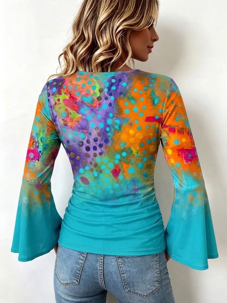 Boho-style Stretchy Casual Shirt Featuring Color-block Polka Dots, A Gradient Effect, And Bell Sleeves