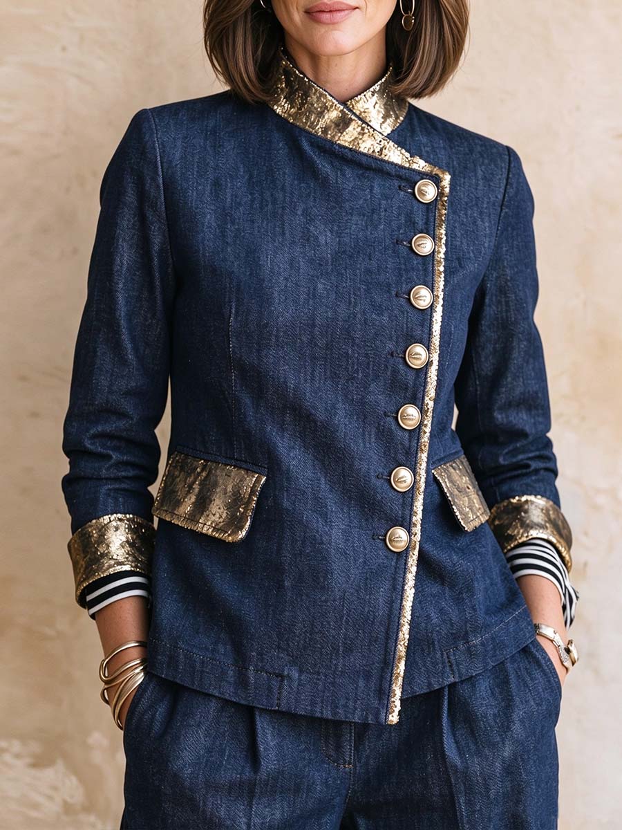 Women's Loose-fit Denim Top With Stand Collar, Long Sleeves, And Gold Contrast Trim