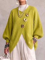 Asymmetric-button Knit Cardigan With Irregular Lantern Sleeves