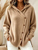 Women's Solid Color V-neck Long-sleeve Casual Loose Hooded Knit Cardigan