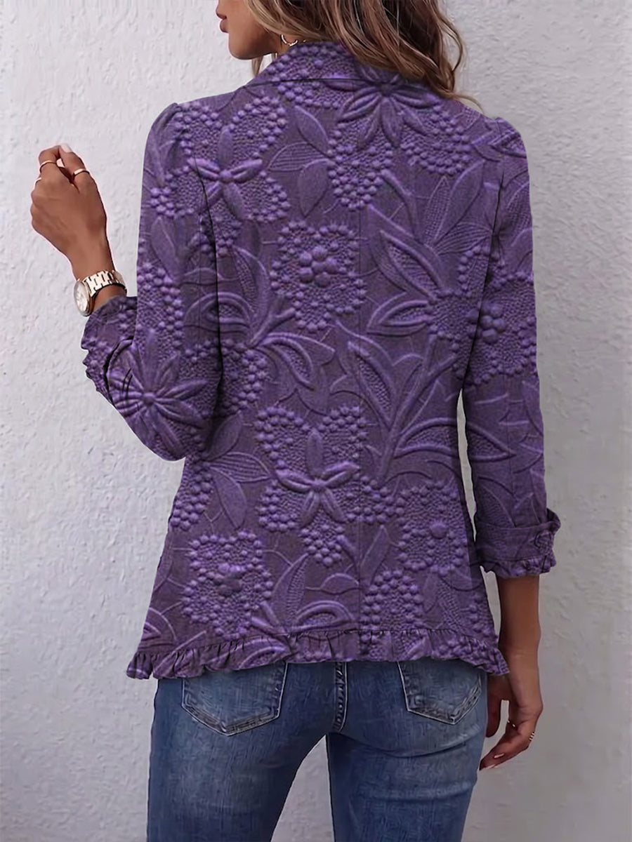 Bohemian Vintage-style Floral Embossed Print Ruffled Linen-cotton Jacket
