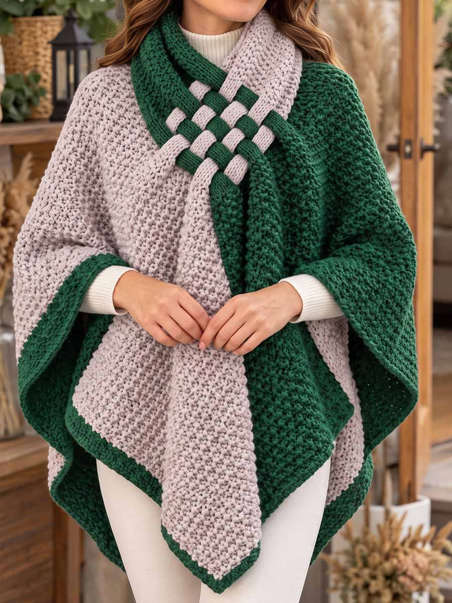 Women's Two-tone Woven Knot Knit Poncho