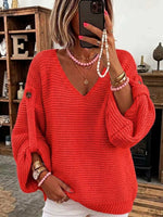 Women's Solid Color V-neck Long Sleeve Casual Loose Knitted Pullover