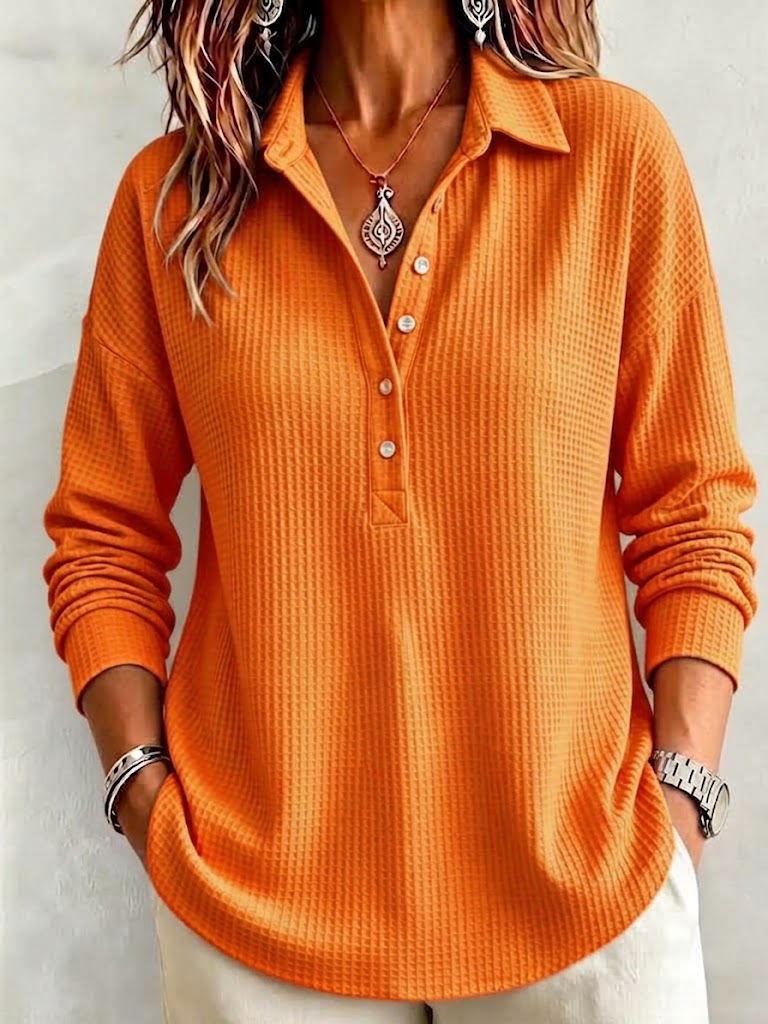 Waffle-knit Collared Long-sleeve Top With A Relaxed Fit