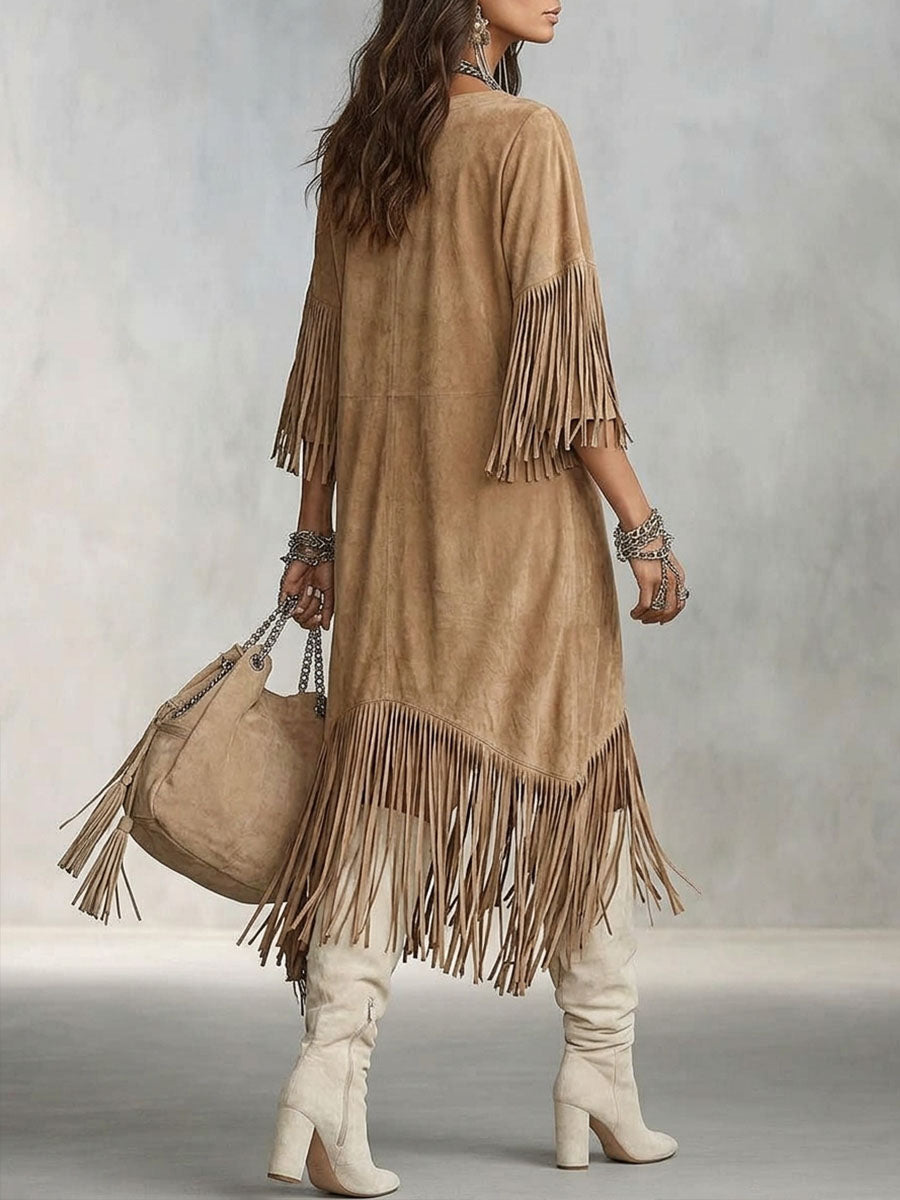 Women's Solid Color Crew Neck 3/4 Sleeve Faux Suede Casual Loose Tassel Dress