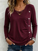 V-neck Crisscross Lace Side Button Ruched Long Sleeve Top