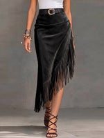 Women's High-waisted Casual Loose Faux Suede Tassel Skirt