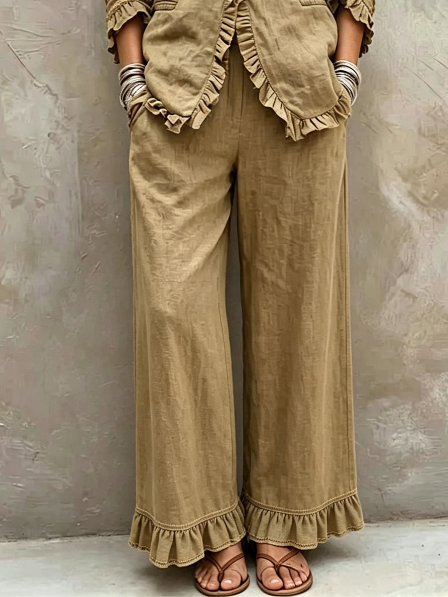 Casual Linen-cotton Wide-leg Trousers With Ruffle Details