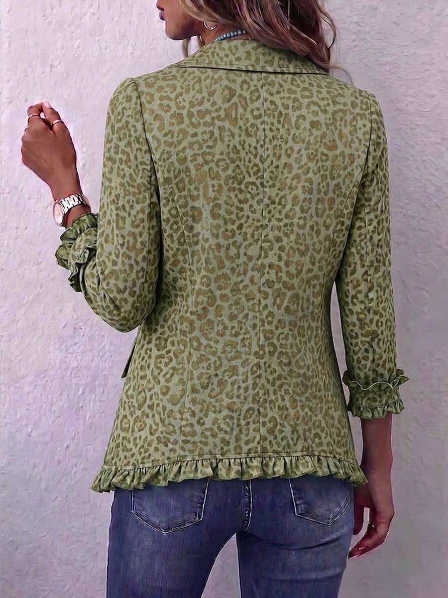 Women's Leopard Print Collared Long Sleeve Casual Loose Cotton Cardigan