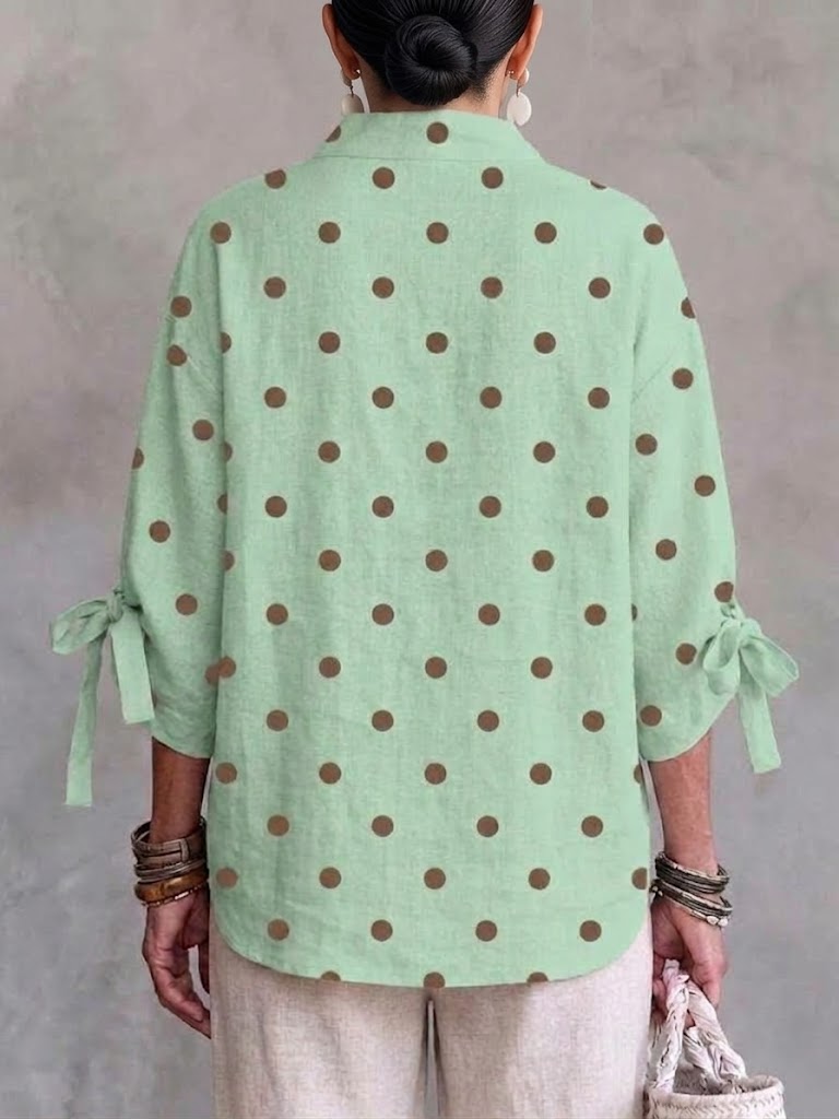 Asymmetric-placket Polka-dot Tie-front Linen-blend Shirt