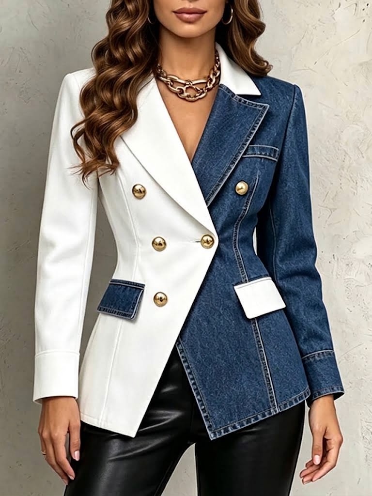 Chic Color-block Denim Blazer