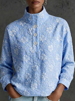 Elegant Floral Textured Mock-Neck Blouse