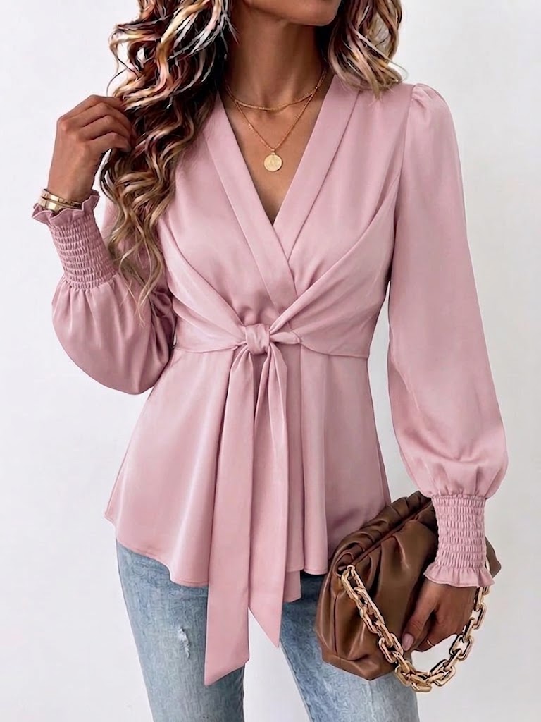 Elegant Solid-color Shirt With V-neck, Tie-waist, And Fitted Silhouette