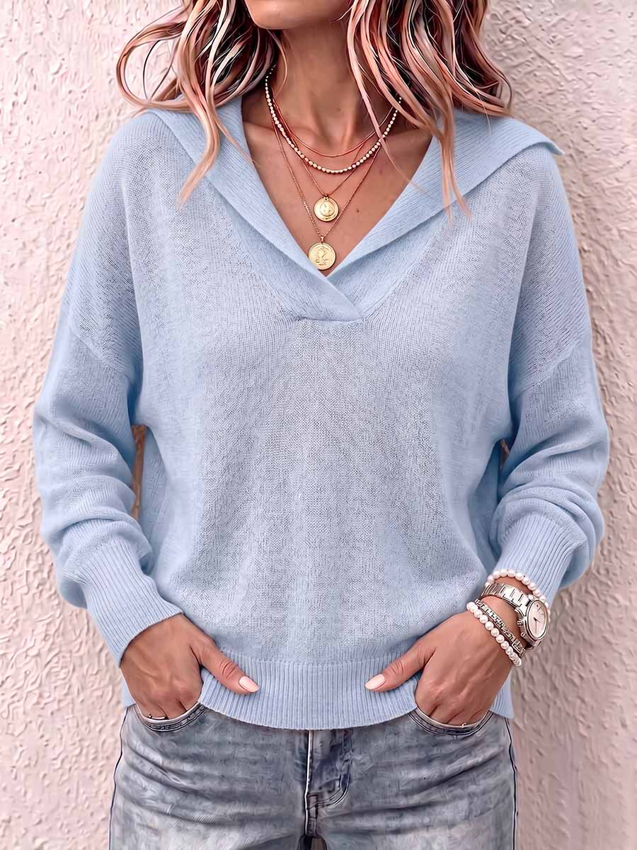 Women's Solid Color Collared Long Sleeve Casual Loose Knit Top