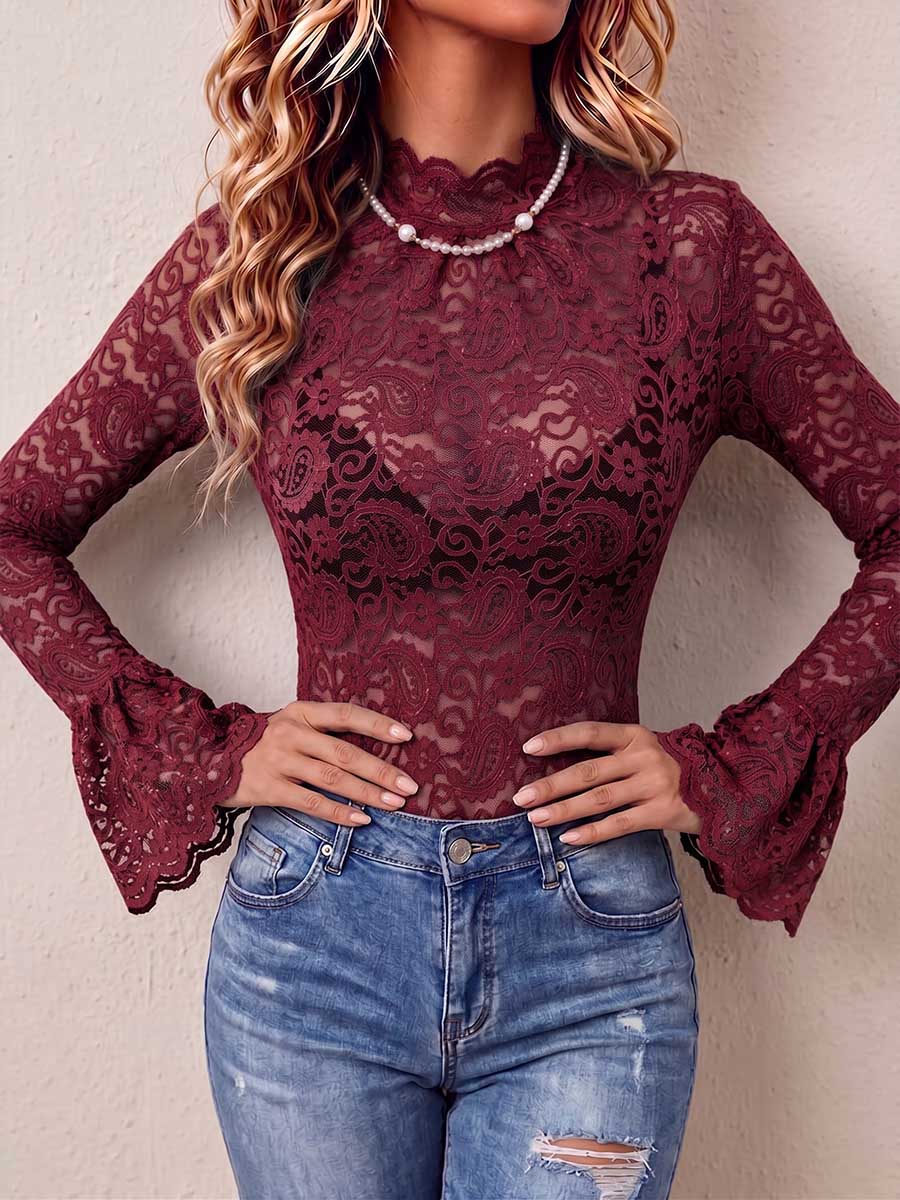 Women's Solid Color Stand Collar Long-sleeved Casual Loose Lace Top