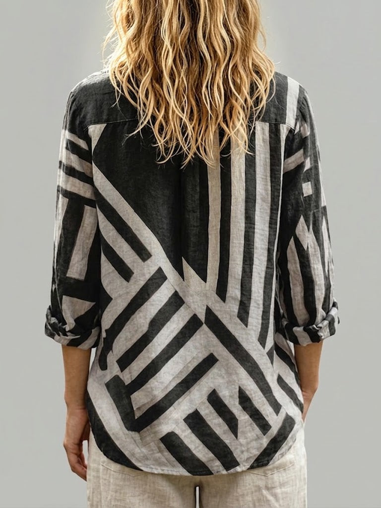 Casual Geometric Striped Print Linen-cotton Shirt