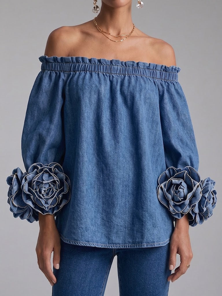 Stylish Off-shoulder Denim Top With 3d Floral Details