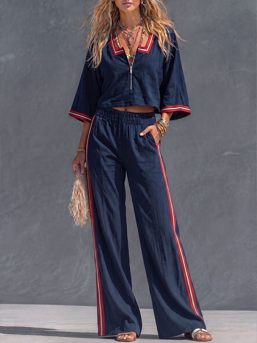 Women's Square Neck 3/4 Sleeve Casual Loose Cotton Linen Top And High Waist Wide Leg Pants Cotton Linen Set