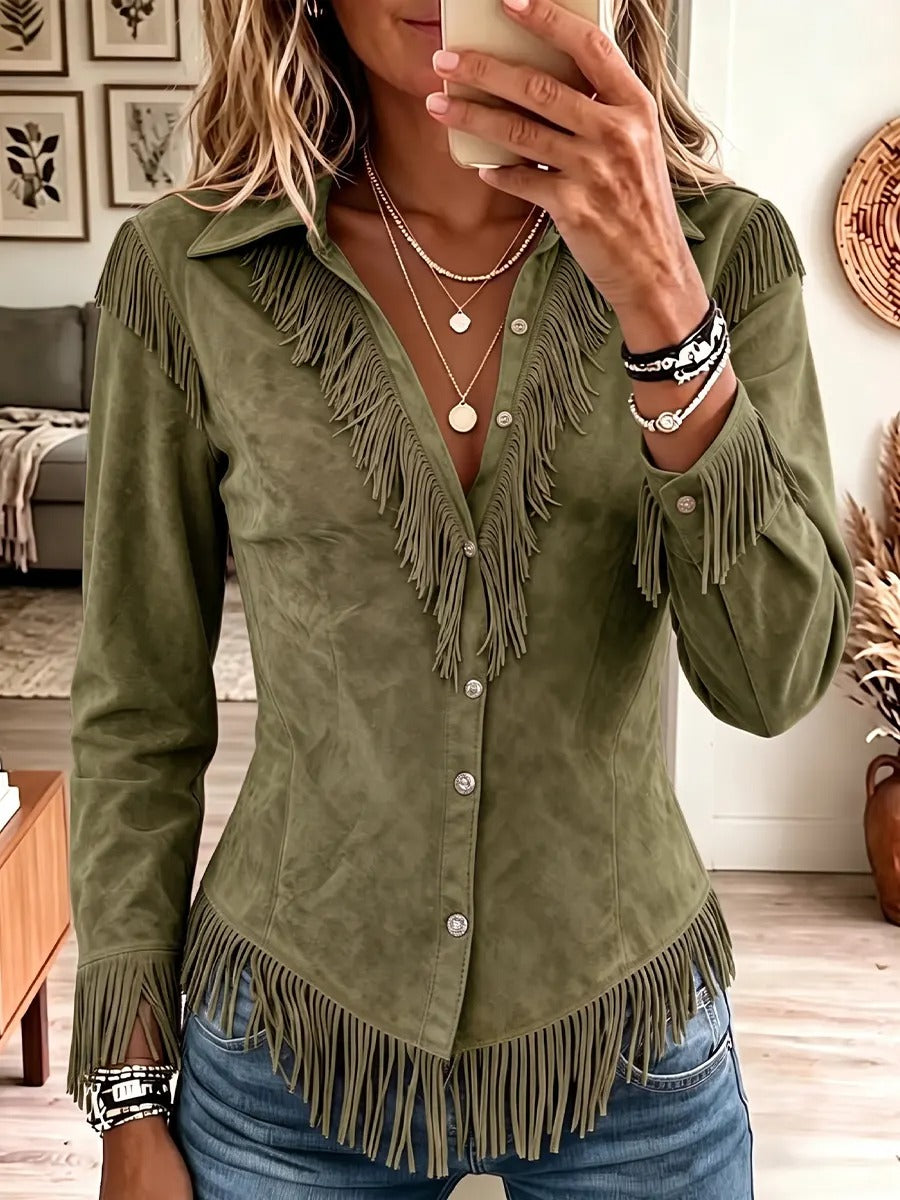 Women's Solid Color Collared Long-sleeved Casual Loose Faux Suede Tassel Shirt