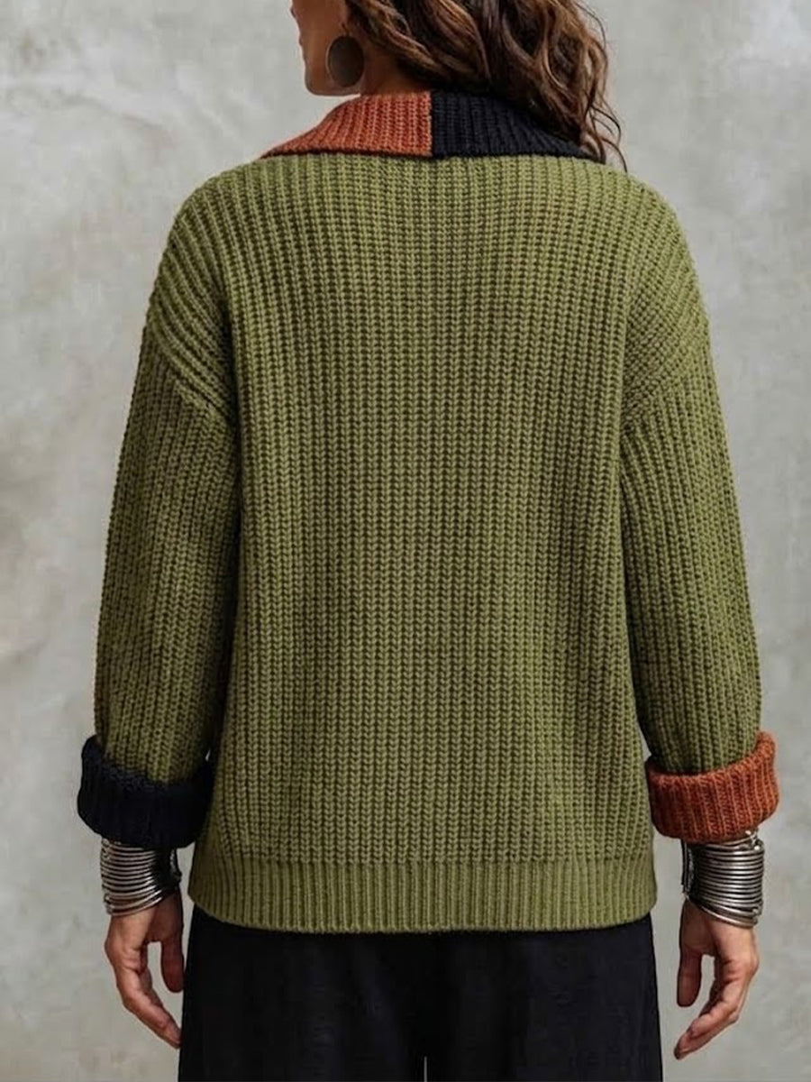 Color‑block Lapel Patch‑pocket Single‑breasted Loose Knit Cardigan Coat