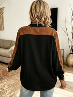 Chic Colorblock Waffle Knit Top With Gold Button Accents