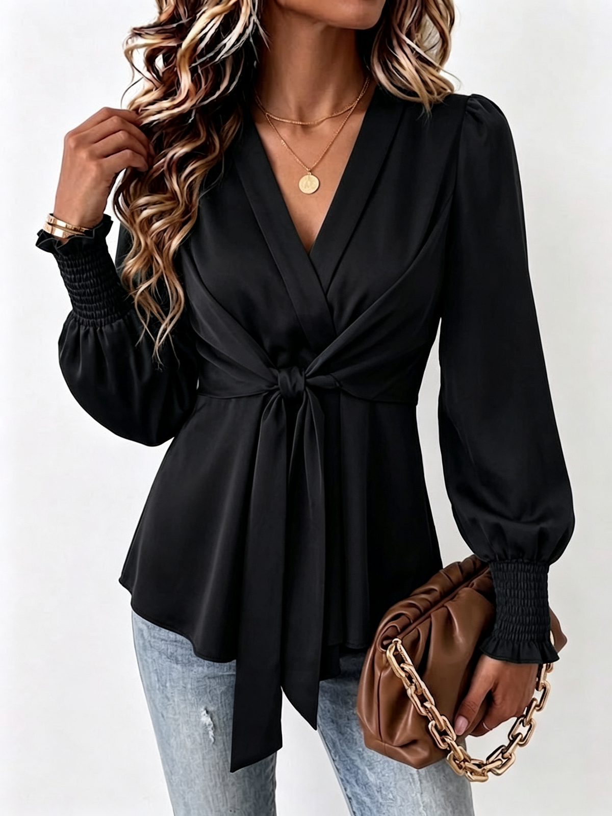 Elegant Solid-color Shirt With V-neck, Tie-waist, And Fitted Silhouette