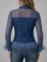 Rhinestone-embellished Feather-trimmed Denim And Mesh Shirt