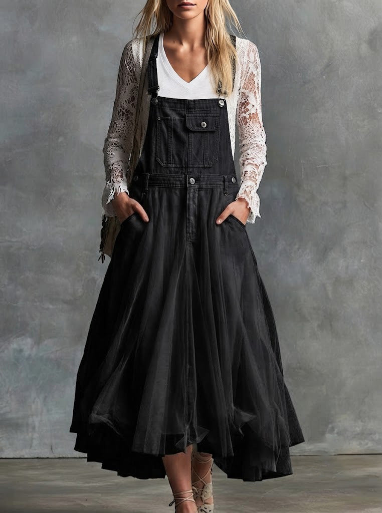 Denim And Mesh Pinafore Dress