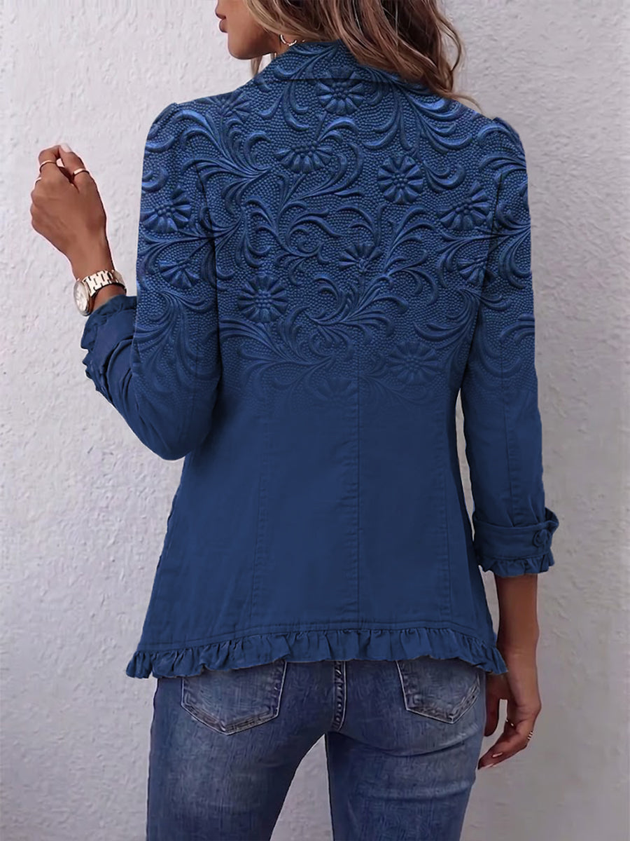 Bohemian Vintage-style Floral Embossed Print Ruffled Linen-cotton Jacket