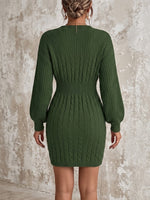 Cutout V-neck Cable Knit Lantern Sleeve Waist-cinched Mini Dress