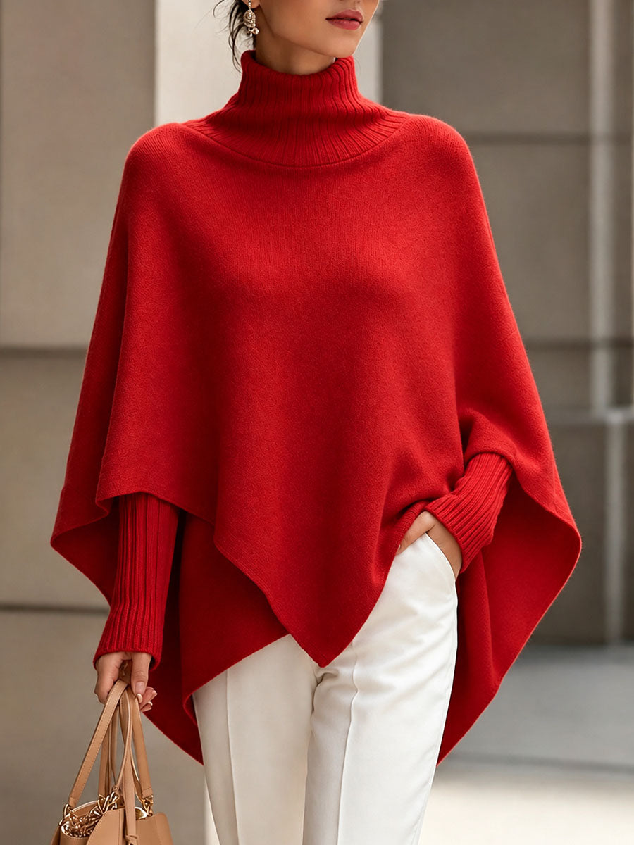 Women's Solid-Color High-Neck Long-Sleeve Loose-Fit Cape-Style Knit Top