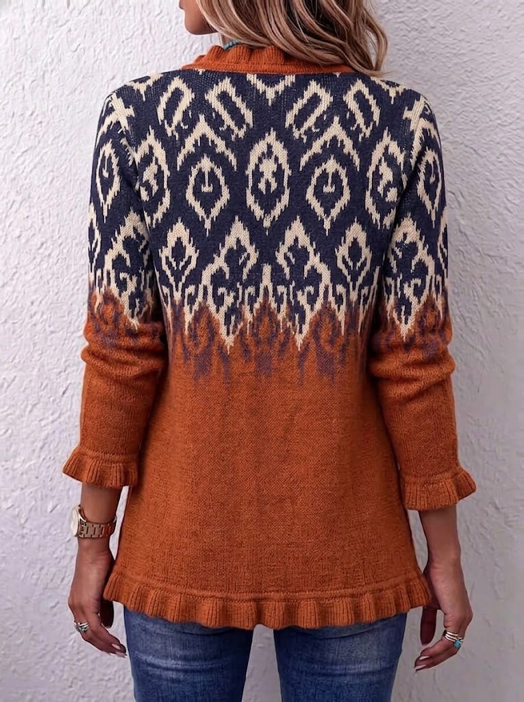 Women's Southwestern Aztec Knit Cardigan – Rust Orange Boho Button Front Sweater Jacket