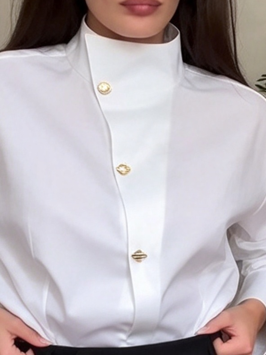 Elegant Professional Chic High Collar White Long-sleeve Shirt