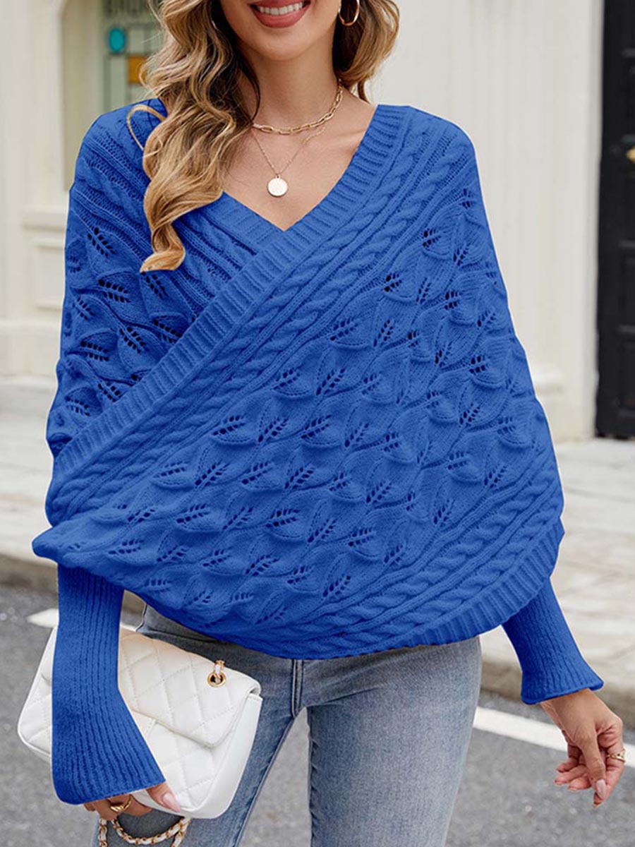 Women's Solid-color V-neck Long-sleeve Casual Loose Reversible Knit Top