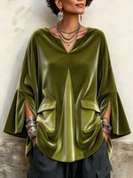 Elegant V-neck Olive Velvet Tunic Top