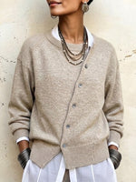 Asymmetric Button-fastening Irregular-design Crew-neck Knit Jacket