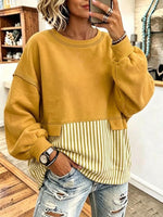Striped-panel Drop-shoulder Lantern-sleeve Crew-neck Sweatshirt