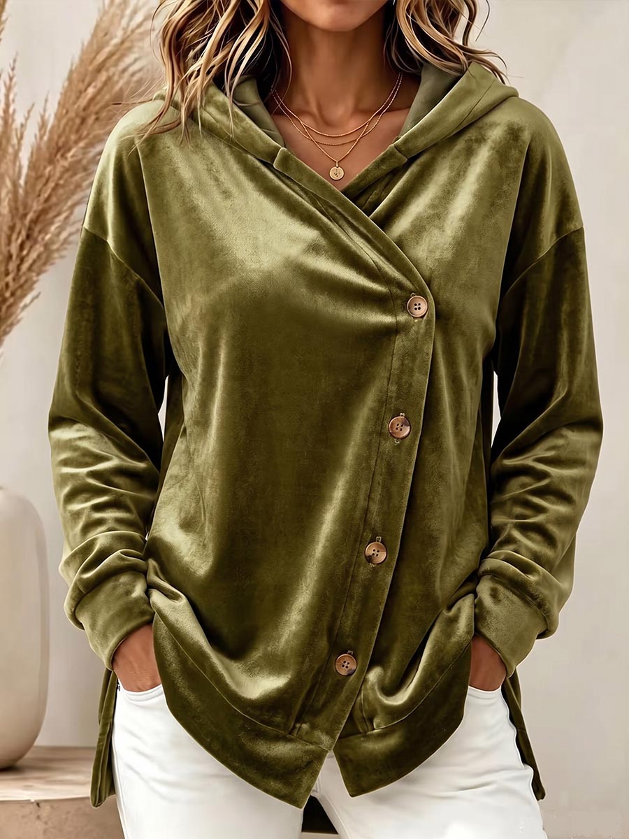 Women's Solid Color V-neck Long-sleeve Casual Loose Hooded Velour Shirt