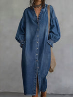 Chic Denim Ruffle-Trim Button-Down Midi Dress
