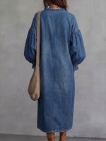 Chic Denim Ruffle-Trim Button-Down Midi Dress