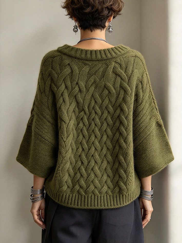 Chic Relaxed Batwing Olive Green Cable-knit Sweater