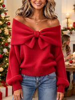 Chic Sweet Elegant Red Bow Sweater Top