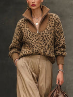 Casual And Cozy Half-zip Leopard Print Pullover Sweater